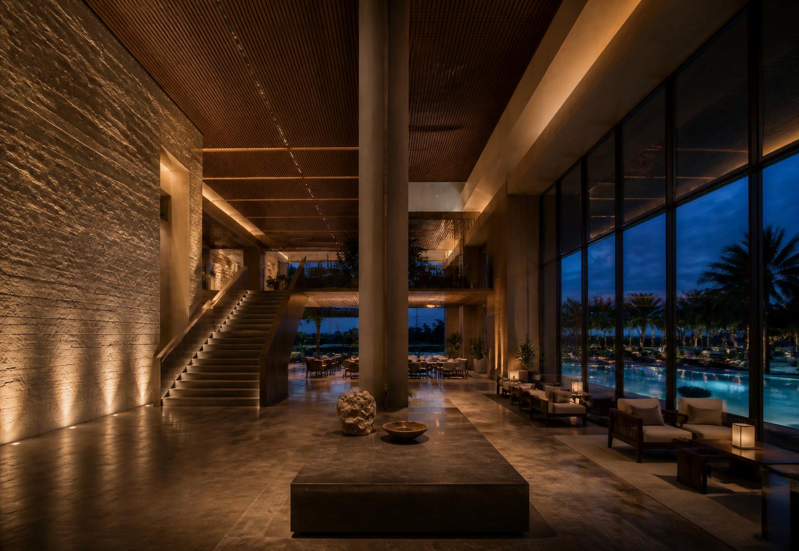 Resort guest area at night with integrated lighting, audio and discreet security devices