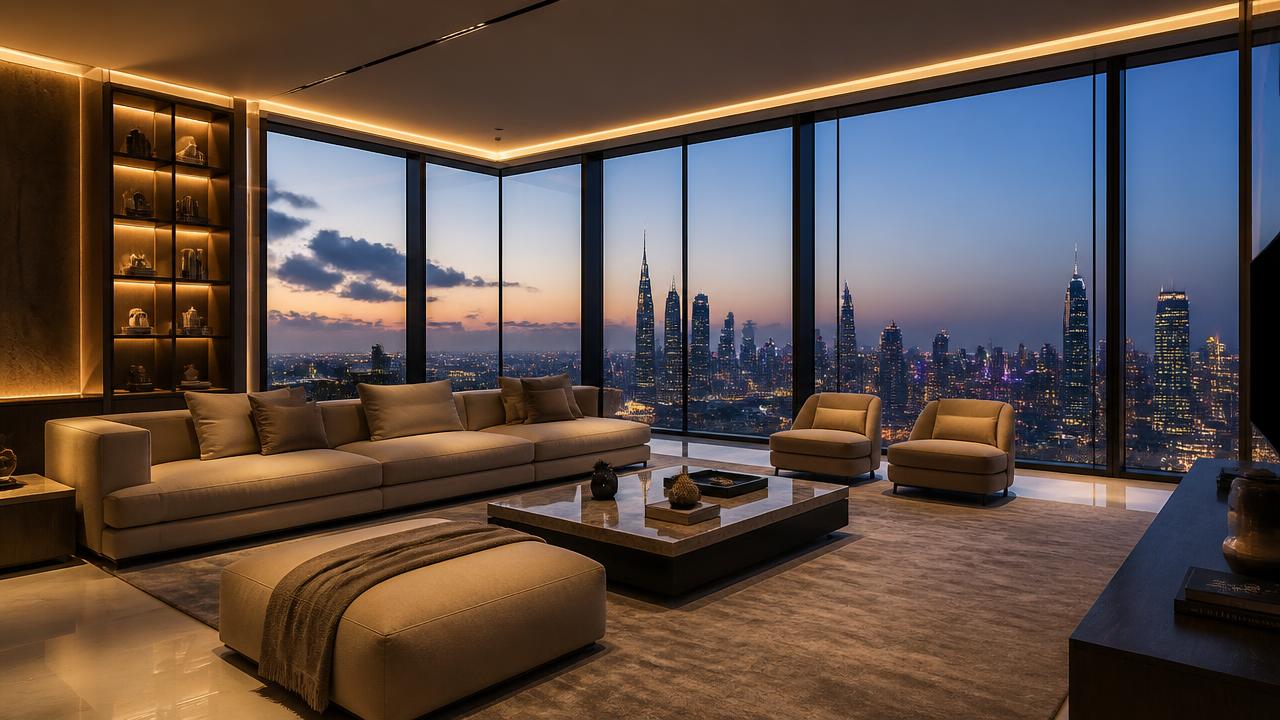 Penthouse interior with floor-to-ceiling glazing, representing the high-end apartment sector