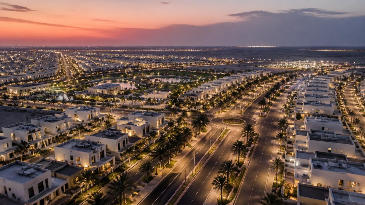 Aerial view of a master-planned community with lit boulevards, representing the smart community sector
