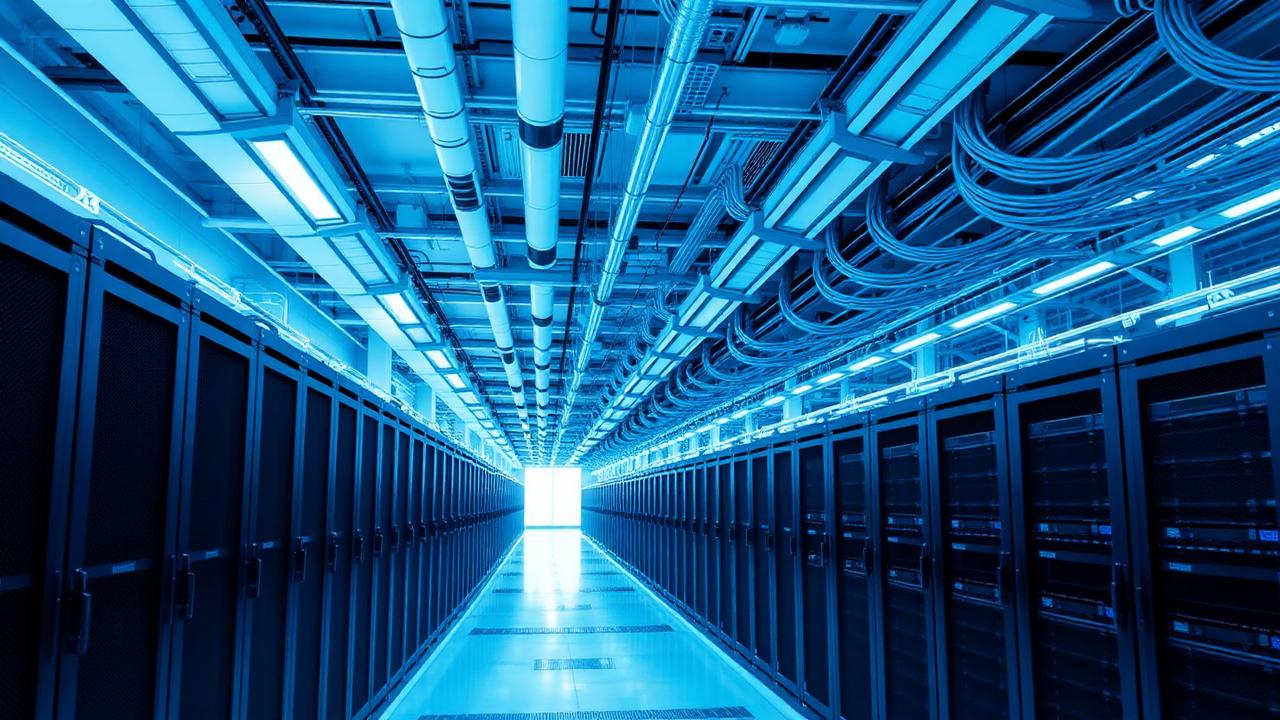 Server aisle with cold-aisle containment, representing the data centre and server room sector