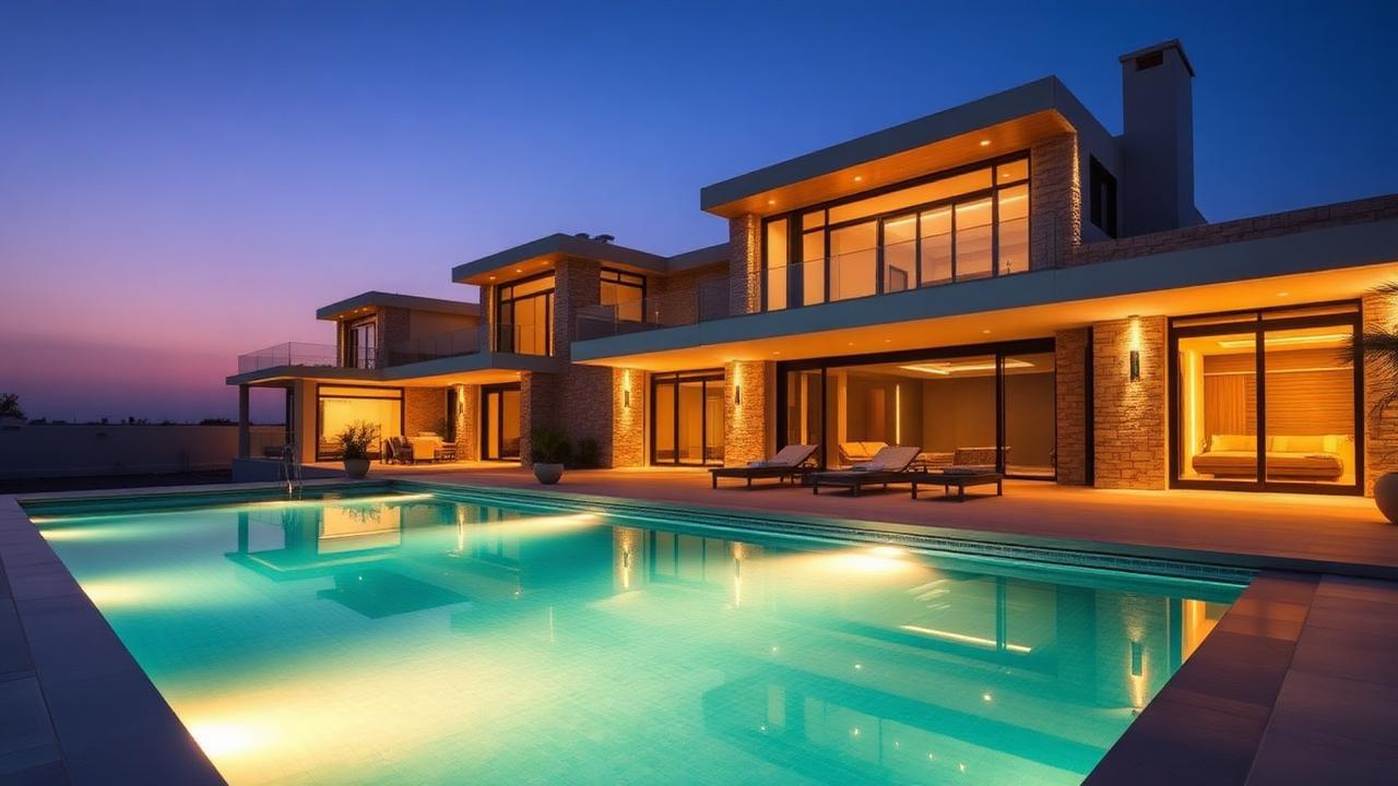 Contemporary villa exterior at dusk, representing the luxury residential sector