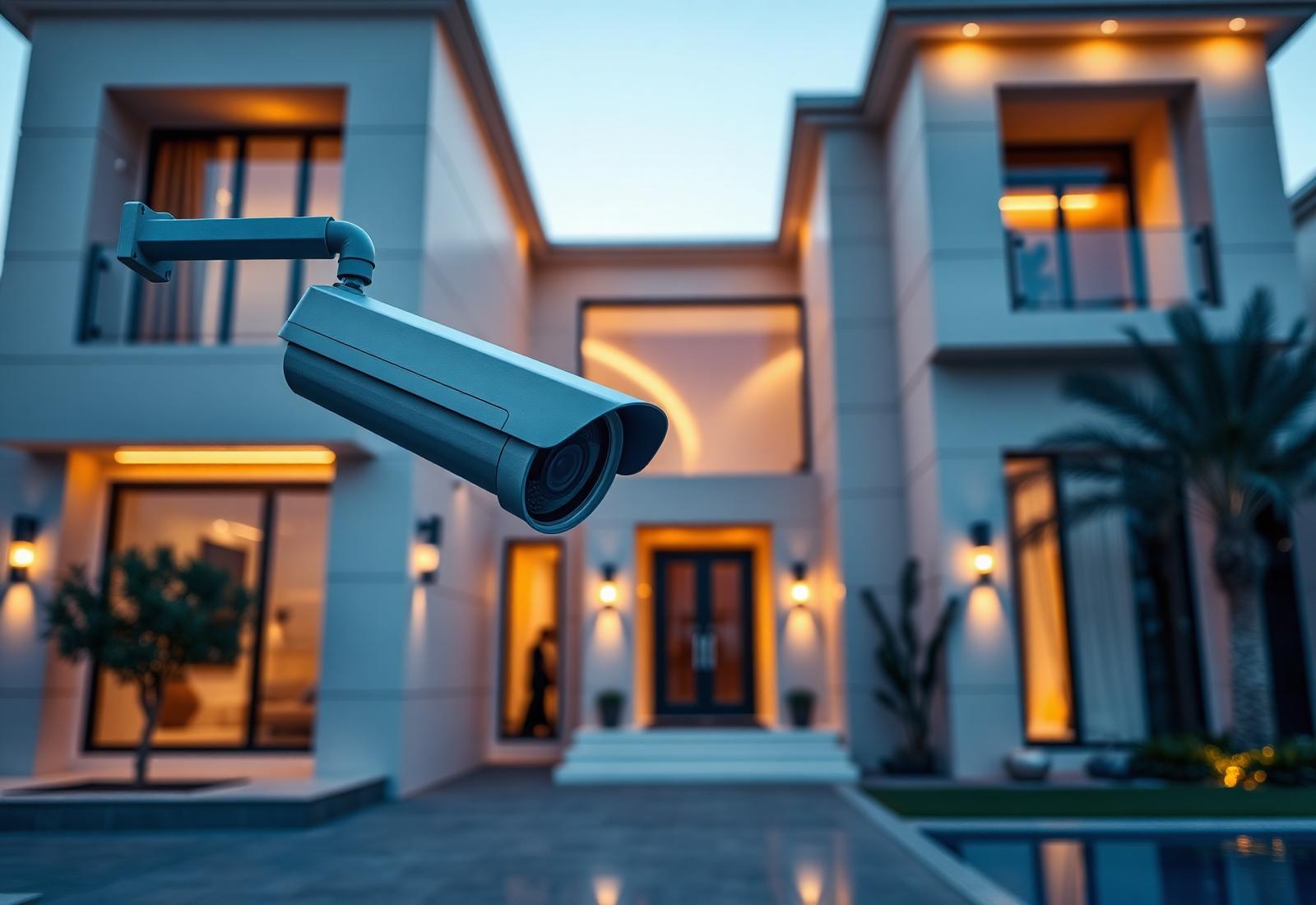 Discreet surveillance camera integrated into a contemporary building soffit