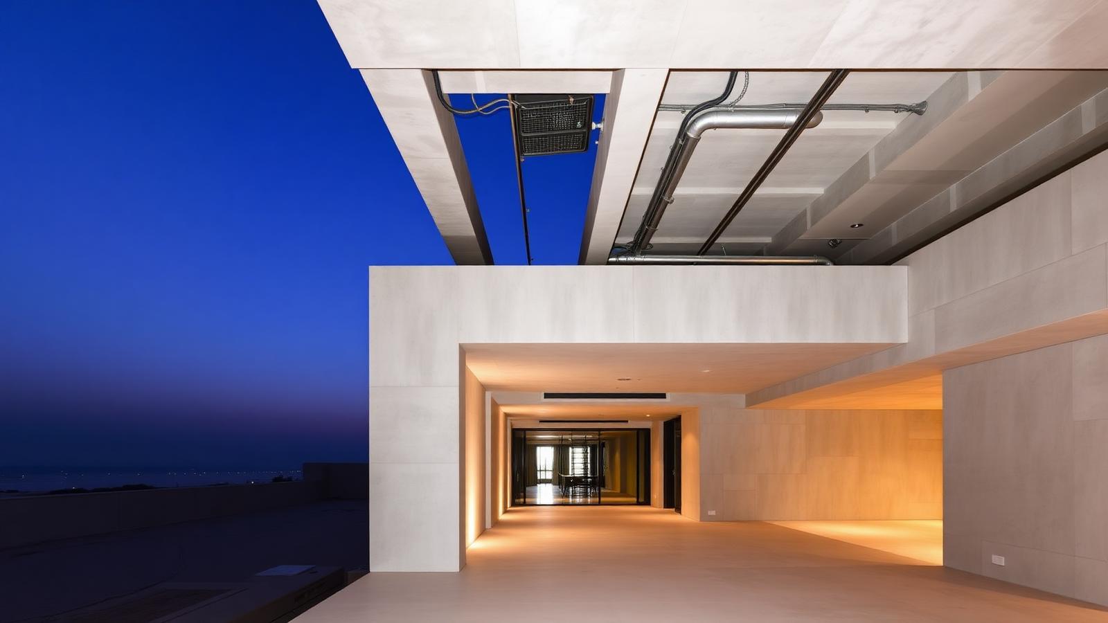 Contemporary villa at dusk with exposed ceiling service routes above a lit interior